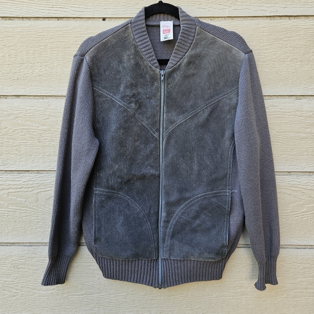 vtg St. Michael gray knit and suede full zip cardigan jacket size 40